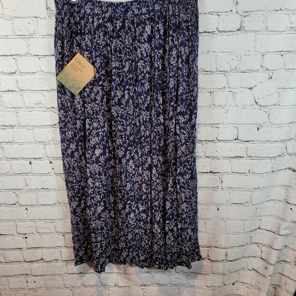 Orvis Maxi Skirt Womens LP Navy Blue NWT Floral Crinkle Rayon Boho Elastic Waist